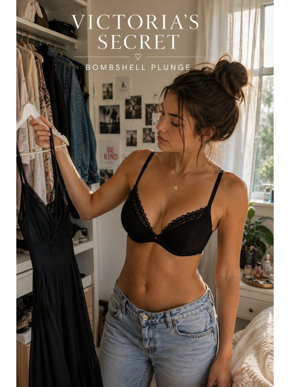 Victoria's Secret Bombshell Plunge Bra 38C Black Lace Push Up Padded Sexy